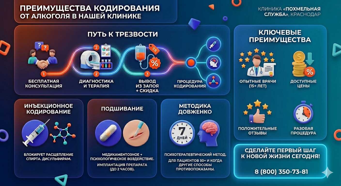 Инфографика о методах кодирования от алкоголя в Вышнем Волочке: инъекции, подшивание, метод Довженко. Преимущества клиники и этапы лечения.